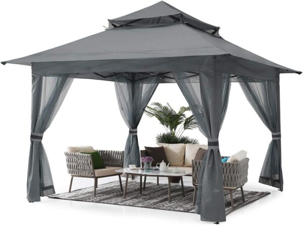 Pop Up Gazebo 13x13 - Outdoor Canopy Tent with Mosquito Netting for Patio Garden Backyard(Gray)