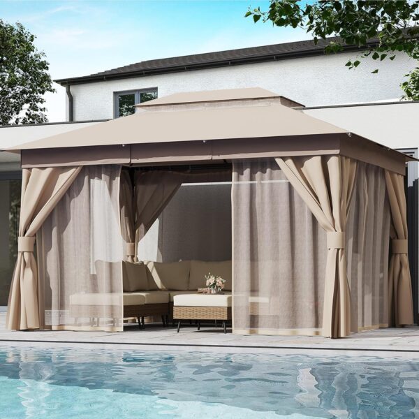 Outdoor Patio Gazebo 10'x13' with Expansion Bolts, Heavy Duty Gazebos Party Tent Shelter with Double Roofs, Mosquito Nets and Privacy Screens for Backyard, Garden, Lawn, Khaki
